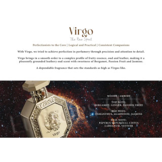 Fragrance World Genesis Virgo (Neitsi) EDP 100 ml — toote vaade; lähivaade; toote infograafika; lähim kadreering