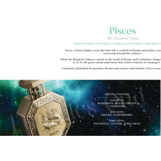 Fragrance World Genesis Pisces (Kalad) EDP 100 ml — toote vaade; lähivaade; toote infograafika; lähim kadreering