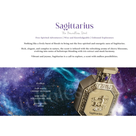 Fragrance World Genesis Sagittarius (Ambur) EDP 100 ml — toote vaade; lähivaade; toote infograafika; lähim kadreering