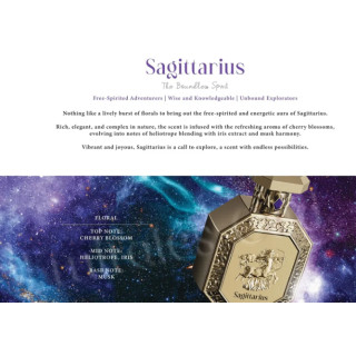 Fragrance World Genesis Sagittarius (Ambur) EDP 100 ml — toote vaade; lähivaade; toote infograafika; lähim kadreering