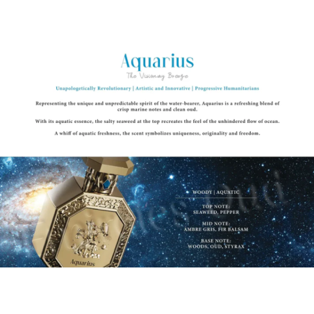 Fragrance World Genesis Aquarius (Veevalaja) EDP 100 ml — toote vaade; lähivaade; toote infograafika; lähim kadreering