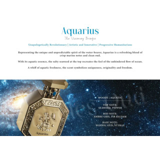 Fragrance World Genesis Aquarius (Veevalaja) EDP 100 ml — toote vaade; lähivaade; toote infograafika; lähim kadreering