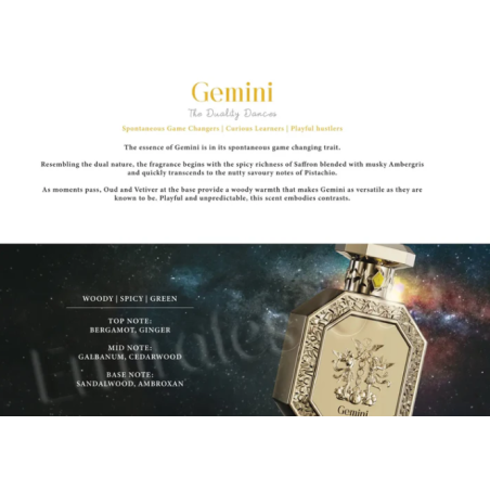 Fragrance World Genesis Gemini (Kaksikud) EDP 100 ml — toote vaade; lähivaade; toote infograafika; lähim kadreering