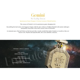 Fragrance World Genesis Gemini (Kaksikud) EDP 100 ml — toote vaade; lähivaade; toote infograafika; lähim kadreering