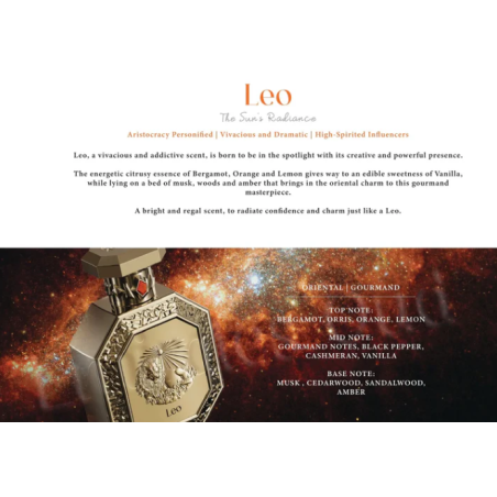 Fragrance World Genesis Leo (Lõvi) EDP 100 ml — toote vaade; lähivaade; toote infograafika; lähim kadreering