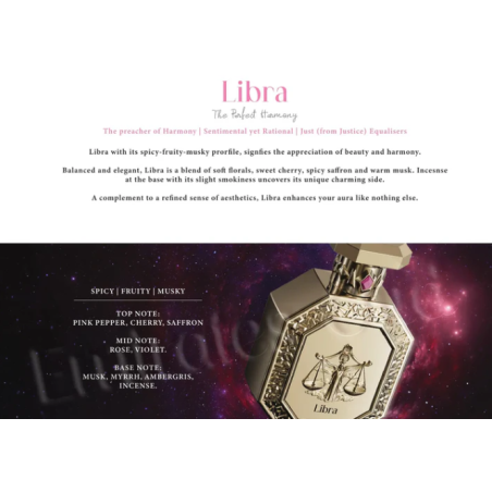Fragrance World Genesis Libra (Kaalud) EDP 100 ml — toote vaade; lähivaade; toote infograafika; lähim kadreering