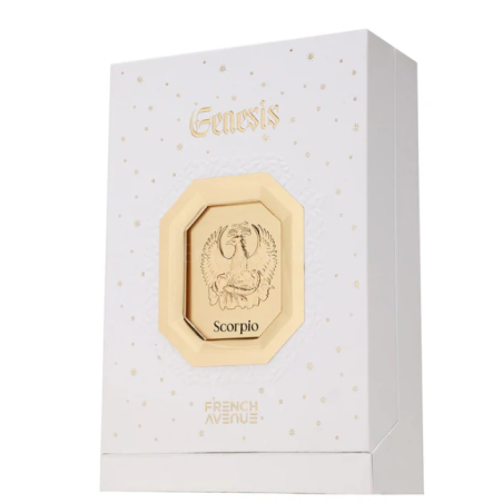 Fragrance World Genesis Scorpio (Skorpion) EDP 100 ml — toote vaade; lähivaade; toote infograafika; kõige laiem kadreering