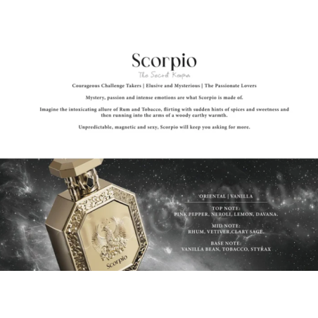 Fragrance World Genesis Scorpio (Skorpion) EDP 100 ml — toote vaade; lähivaade; toote infograafika; lähim kadreering