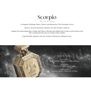 Fragrance World Genesis Scorpio (Skorpion) EDP 100 ml — toote vaade; lähivaade; toote infograafika; lähim kadreering
