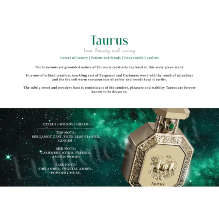 Fragrance World Genesis Taurus (Sõnn) EDP 100 ml — toote vaade; lähivaade; toote infograafika