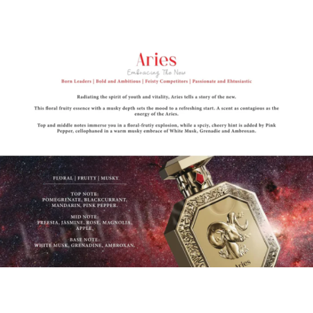 Fragrance World Genesis Aries (Jäär) EDP 100 ml — toote vaade; lähivaade; toote infograafika; lähim kadreering