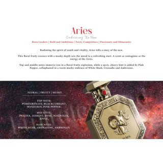 Fragrance World Genesis Aries (Jäär) EDP 100 ml — toote vaade; lähivaade; toote infograafika; lähim kadreering