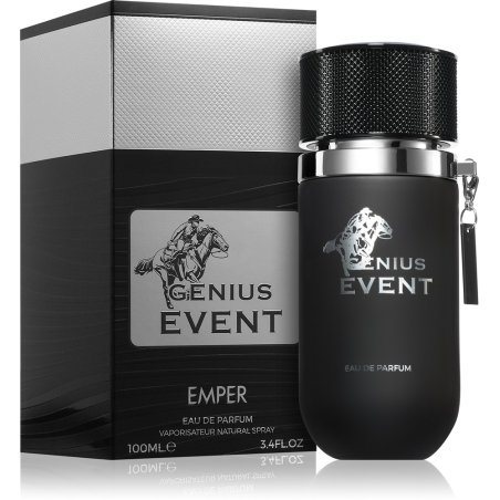 Emper Genius Event EDP 100 ml — товар и упаковка; очень крупный план; на белом фоне