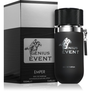 Emper Genius Event EDP 100 ml — товар и упаковка; очень крупный план; на белом фоне