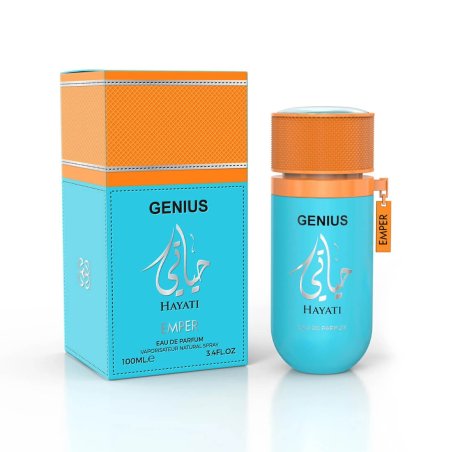 Emper Genius Hayati EDP 100 ml — toote pakend; lähivaade; valgel taustal