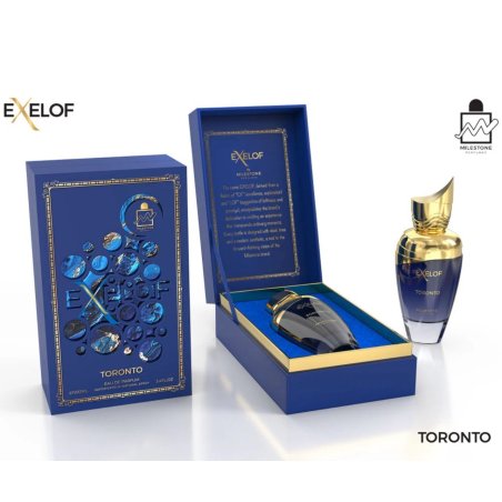 Emper Exelof Toronto EDP 85 ml — προϊόν και συσκευασία; κοντινή λήψη; σε λευκό φόντο