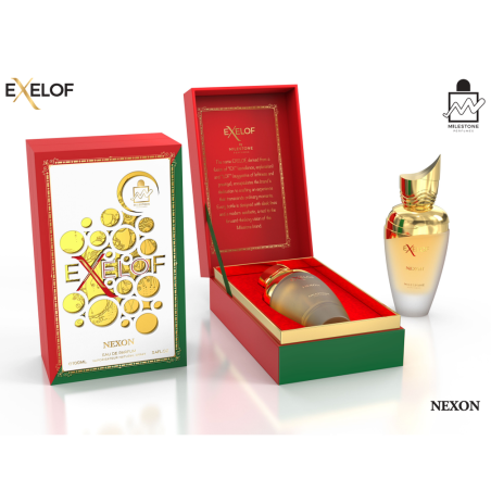Emper Exelof Nexon EDP 85 ml — toode ja pakend; lähivaade; valgel taustal