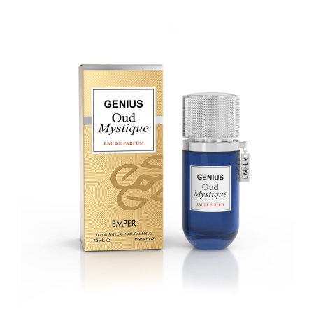 Emper Genius Oud Mystique EDP 25 ml — товар и упаковка; полная композиция; на белом фоне