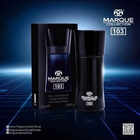Fragrance World Marque 103 EDP 25 ml — Produktansicht; Nahaufnahme; auf dunklem Hintergrund