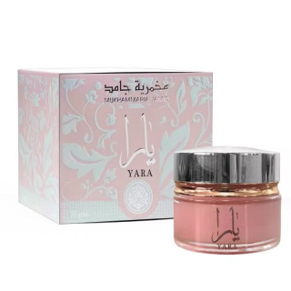 Lattafa Perfume Yara Mukhamaria Jamid 20 ml — product en verpakking; close-up; op een witte achtergrond; meest nabije kadrering