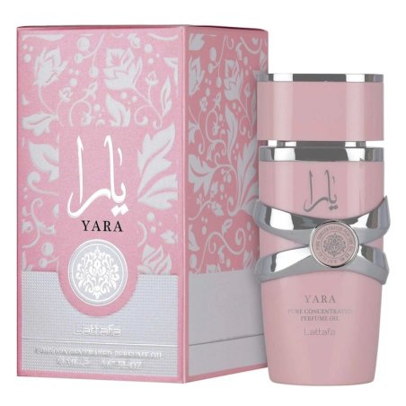 Lattafa Perfume Yara 20 ml — упаковка товара; очень крупный план; на белом фоне