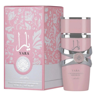 Lattafa Perfume Yara 20 ml — упаковка товара; очень крупный план; на белом фоне