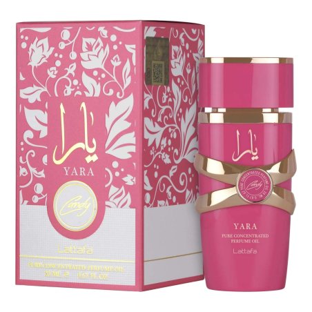 Lattafa Perfume Yara Candy 20 ml — productverpakking; zeer nabije close-up; op een witte achtergrond
