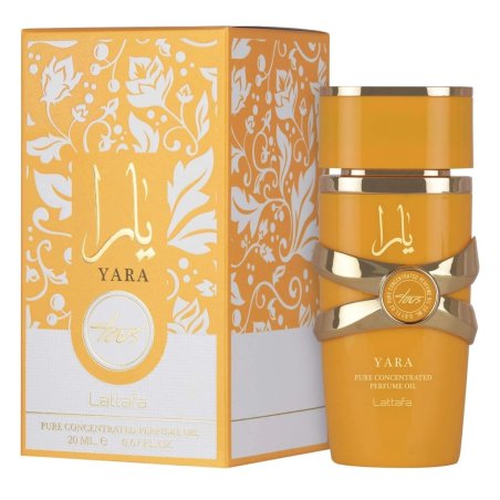 Lattafa Perfume Yara Tous 20 ml — упаковка товара; очень крупный план; на белом фоне