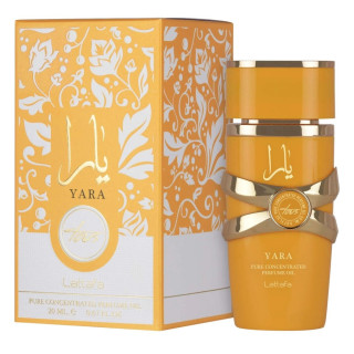 Lattafa Perfume Yara Tous 20 ml — упаковка товара; очень крупный план; на белом фоне