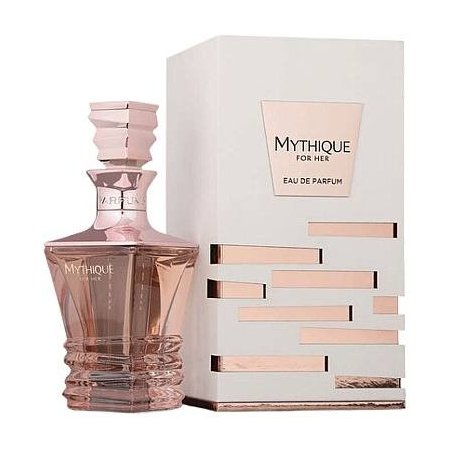 Fragrance World Mythique For Her Maison EDP 80 ml — produktas ir pakuotė; artimas vaizdas; baltame fone