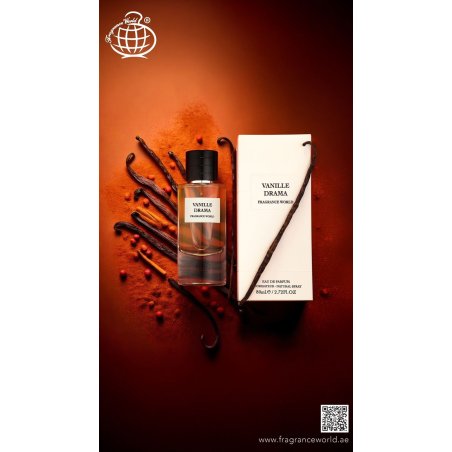 Fragrance World Vanille Drama EDP 80 ml — toode ja pakend; lähivaade; valgel taustal; lähim kadreering