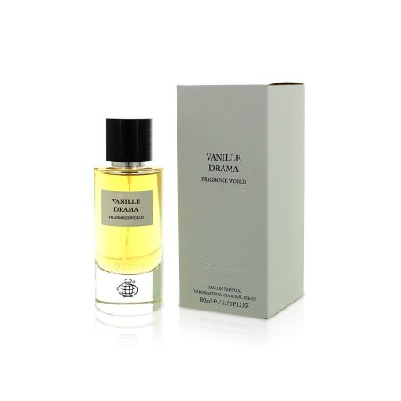 Fragrance World Vanille Drama EDP 80 ml — toode ja pakend; täiskompositsioon; valgel taustal