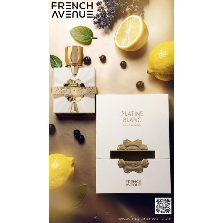 Fragrance World Aromatix Platine Blanc EDP 100 ml — упаковка товара; крупный план; с ингредиентами аромата