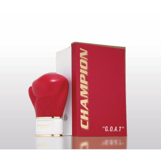 Fragrance World Champion G.O.A.T EDP 80 ml — produktas ir pakuotė; artimas vaizdas; baltame fone