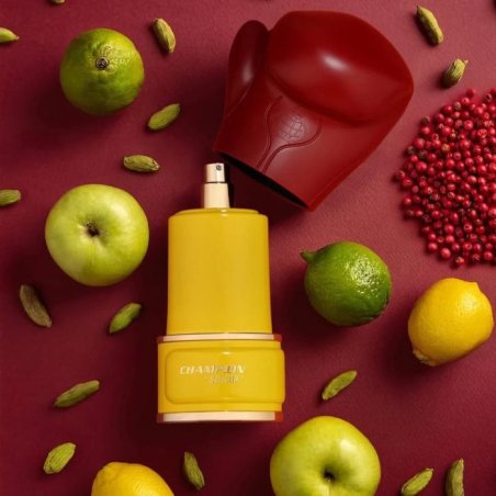 Fragrance World Champion Sugar EDP 80 ml — produktas ir pakuotė; stambus planas; su kvapo ingredientais