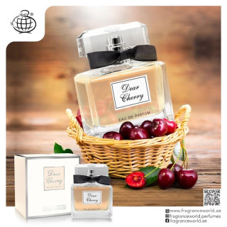 Fragrance World Dear Cherry EDP 100 ml — toode stiliseeritud keskkonnas; väga lähivõte; lõhna koostisosadega