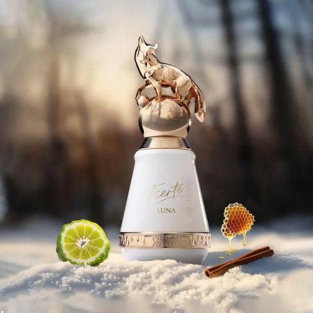 Fragrance World Fierte Luna EDP 80 ml — toote vaade; väga lähivõte; lõhna koostisosadega