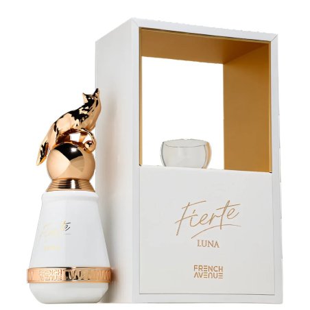 Fragrance World Fierte Luna EDP 80 ml — toode ja pakend; lähivaade; valgel taustal