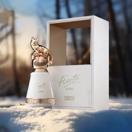 Fragrance World Fierte Luna EDP 80 ml — toote vaade; väga lähivõte; värvilisel taustal