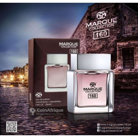 Fragrance World Marque 160 EDP 25 ml — product in een gestileerde setting; zeer nabije close-up; buiten
