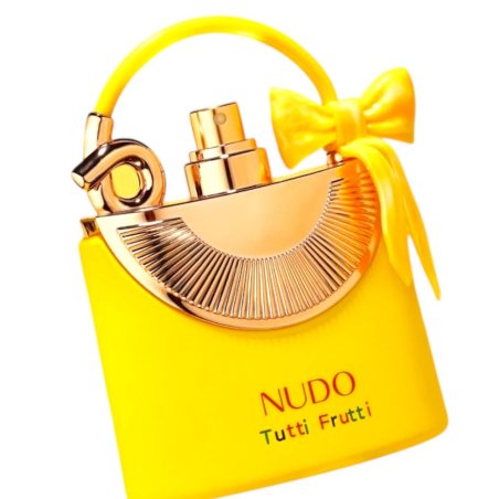 Fragrance World Nudo Tutti Fruity EDP 100 ml — produkto vaizdas; artimas vaizdas; baltame fone; plačiausias kadras