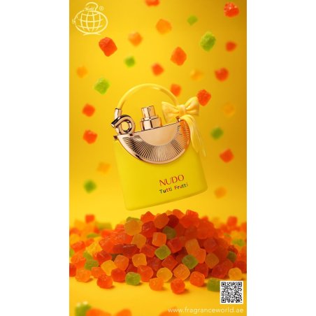 Fragrance World Nudo Tutti Fruity EDP 100 ml — produkto vaizdas; stambus planas; baltame fone