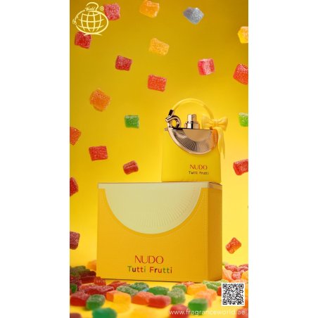 Fragrance World Nudo Tutti Fruity EDP 100 ml — produkto pakuotė; stambus planas; baltame fone