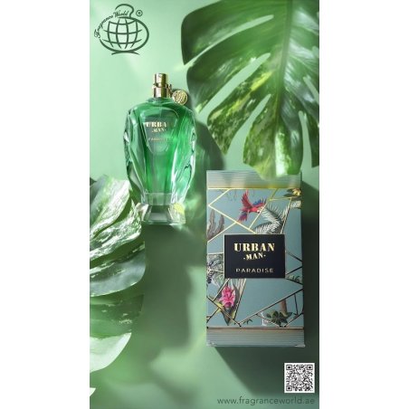 Fragrance World Urban Man Paradise EDP 90 ml — товар в стилизованной композиции; очень крупный план; на белом фоне