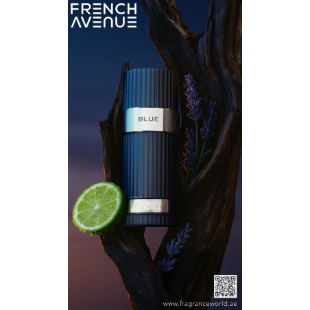 Fragrance World Zenith Blue EDP 100 ml — productweergave; zeer nabije close-up; met geuringrediënten; ruimste kadrering