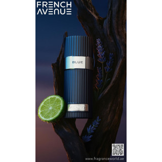 Fragrance World Zenith Blue EDP 100 ml — productweergave; zeer nabije close-up; met geuringrediënten; ruimste kadrering