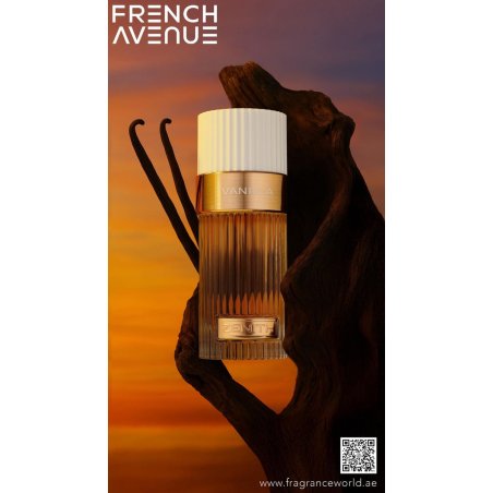Fragrance World Zenith Vanilla EDP 100 ml — toode stiliseeritud keskkonnas; väga lähivõte; valgel taustal