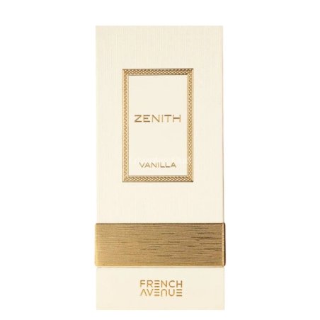 Fragrance World Zenith Vanilla EDP 100 ml — toode stiliseeritud keskkonnas; täiskompositsioon; puitpinnal