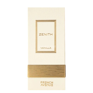 Fragrance World Zenith Vanilla EDP 100 ml — toode stiliseeritud keskkonnas; täiskompositsioon; puitpinnal