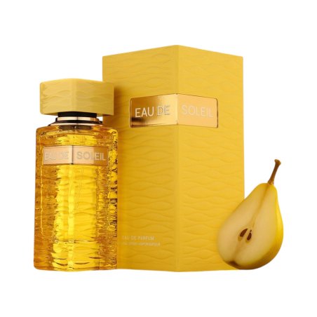Fragrance World Eau De Soleil EDP 90 ml — товар и упаковка; крупный план; с ингредиентами аромата